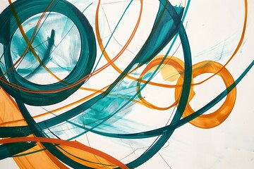 Wall Mural - minimalist abstract art with intersecting bold lines and circles, vibrant teal and orange colors, cr