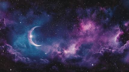 Sleepy purple blue indigo evening mystical moonlight night sky with clouds and stars tranquil slumber relaxing meditation cosmos background backdrop wallpaper meditation crescent moon with copy space