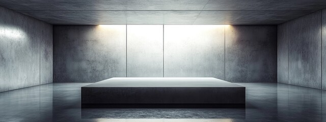 Poster - Modern abstract concrete room featuring an elevated cubical platform at the center and illuminated ceiling perfect for product presentation 3D rendering