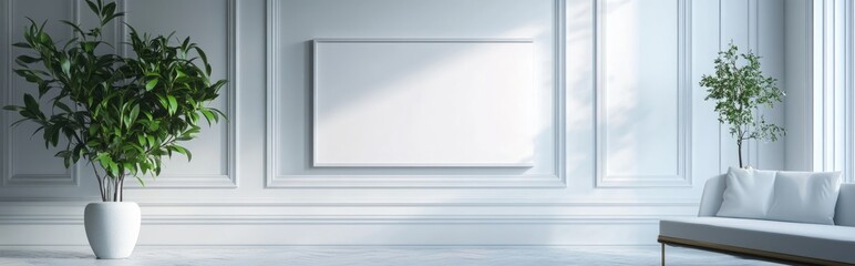 Poster - Bright modern interior with an empty frame 3D rendering