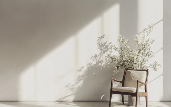 3D rendering of a chair with fresh flowers in a home decor setting against a white wall