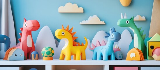 Poster - Colorful handmade paper toys showcased in a 3D rendering display for interior decoration Selective focus