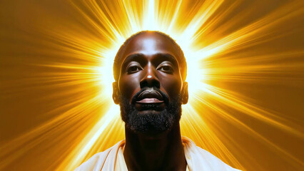 Portrait of Black Jesus Christ with a glowing halo and divine rays of God’s light in a spiritual background new beautiful stock image illustration AI