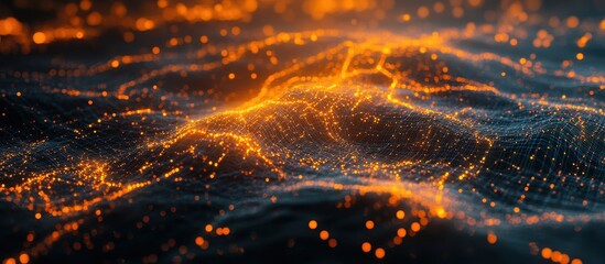 Wall Mural - Abstract Digital Landscape with Glowing Orange Particles and Network Connections