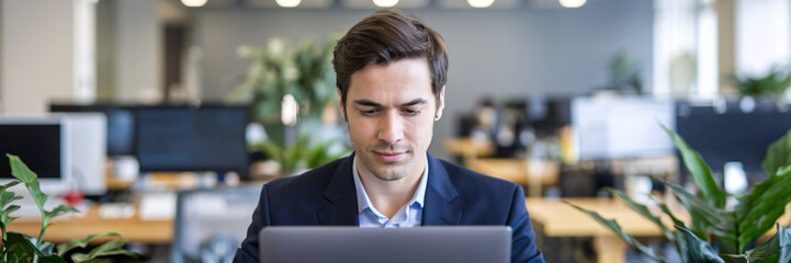 A photo of a software engineer with a laptop. He is wearing a suit and has dark hair. The background is blurred, showing a modern
office s 