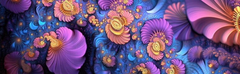 Poster - Abstract fractal patterns and shapes in a 3D cartoon rendering Dynamic flowing natural forms featuring flowers and spirals create a mysterious psychedelic relaxation pattern