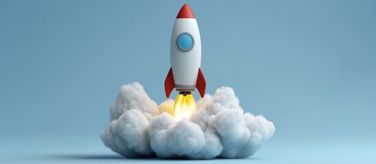 Aufkleber - 3D cartoon illustration featuring a gray rocket and a white cloud designed as a circular icon in a flat style representing the concept of launching a new business or project as well as themes of e