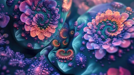 Poster - Abstract fractal patterns and shapes rendered in 3D cartoon style Dynamic flowing natural forms featuring flowers and spirals Mysterious psychedelic relaxation design