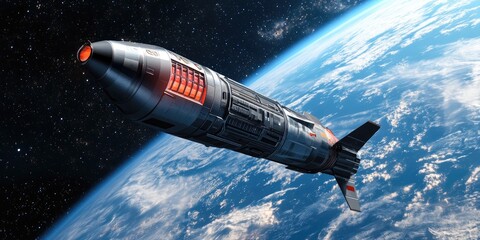 Aufkleber - 3D cartoon illustration of a spaceship in Earth orbit with a rendered background