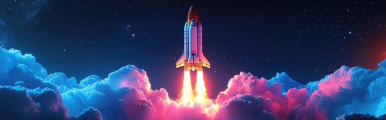 Poster - 3D cartoon illustration of a launch of a space shuttle in open space above Earth Blue gradient Space themed artwork for wallpaper