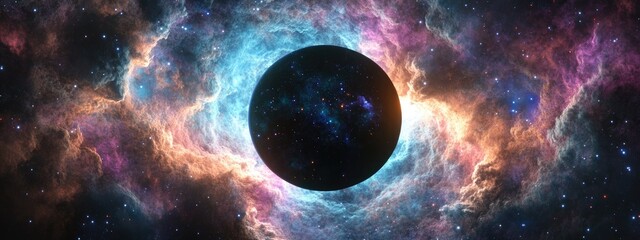 Poster - Abstract black hole with nebula in outer space surrounded by colorful stars and cloud fields in a 3D cartoon rendering