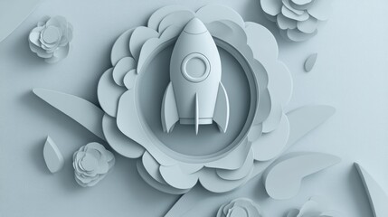 Aufkleber - Grey rosette with a rocket icon inside showcased in a 3D cartoon rendering and linear illustration