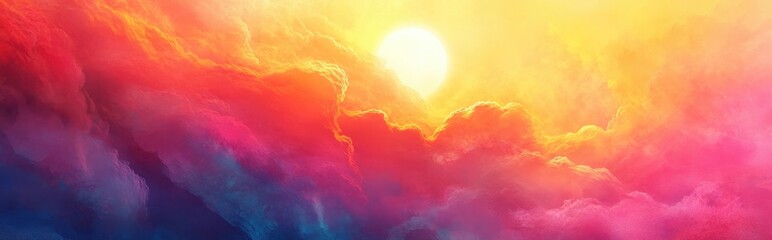 Fototapete - Bright and colorful textured background with a watercolor abstract style featuring a painting of the sky sun and clouds at sunset in a modern skyscape rendered in 3D cartoon style