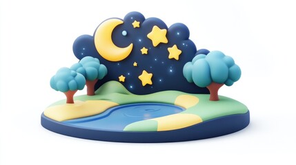 Aufkleber - Flat Icon of Starfall Night in 3D Cartoon Rendering Isolated on White Background