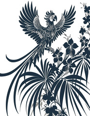 Sticker - A black and white drawing of a parrot on a tree branch. The parrot is perched on a leaf and has its wings spread out. The image has a serene and peaceful mood