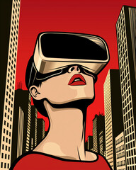 Wall Mural - A woman wearing a virtual reality headset is looking up at a cityscape. The image is a bold and colorful representation of the futuristic world of virtual reality