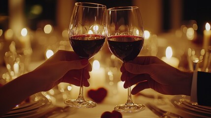 Two hands raising wine glasses in a romantic setting, illuminated by warm candlelight, perfect for celebrating love and connections.