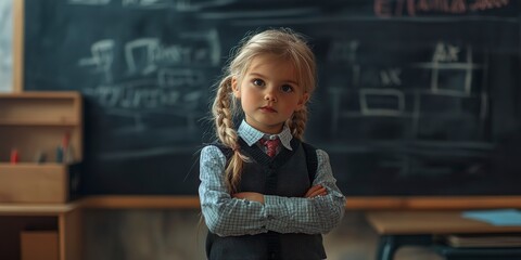 Poster - Portrait of first grader girl in school uniform at blackboard in classroom, thought looking at camera. Cute child schoolgirl posing indoors. School learning, education concept. Copy ad text space