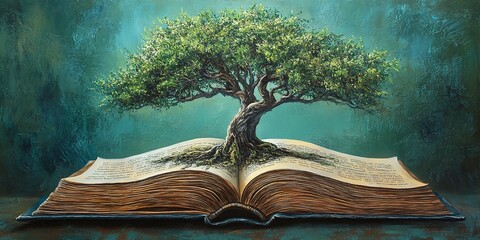 Poster - The tree depicted in an open book represents learning and a connection to nature, symbolizing growth, wisdom, and environmental awareness by intertwining education with the natural world 