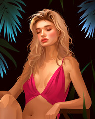 Wall Mural - A woman in a pink bikini is sitting on a bench in a jungle. She is looking at the camera with a smile on her face