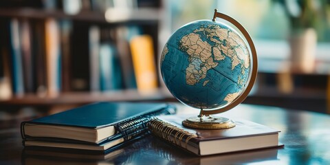 Poster - Back to school concept image featuring earth globe, books, and notebooks, highlighting global education and academic excellence for students