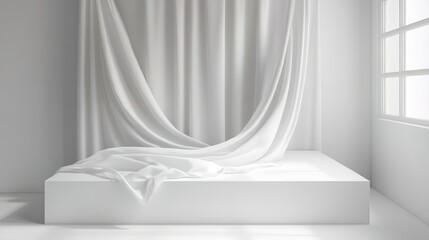 Wall Mural - Minimalist White Rectangular Podium Draped with White Silk on a White Background, Featuring a Clean and Elegant Design.