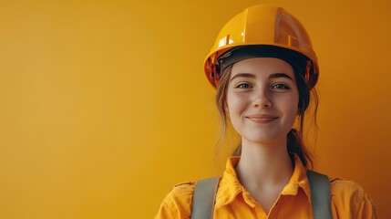 Canvas Print - Construction Woman in Safety Gear Smiling with Copy Space on Colorful Background