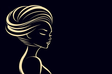 Wall Mural - A woman's head is shown in silhouette on a black background. The woman's hair is long and flowing, and she is looking away from the camera. The image has a mysterious and elegant mood