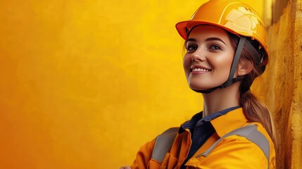 Canvas Print - Construction Woman in Safety Gear Smiling with Copy Space on Colorful Background