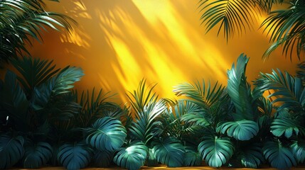 Wall Mural - 3d render abstract summer yellow backgroun3d with leaves shadows an3d bright sunlight minimal showcase scene for organic product presentation