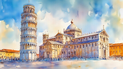 Wall Mural - Torre Pendente, Pisa, wall art leaning tower in watercolor styles