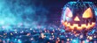 © Eva - Digital Halloween Pumpkin With Binary Code on a Blue Festive Bokeh Background. Festive Illustration.