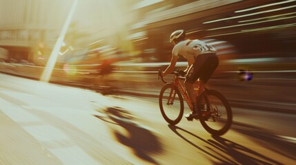 Canvas Print - A cyclist speeds through a sunlit urban street, capturing the dynamic energy of early morning bike racing.