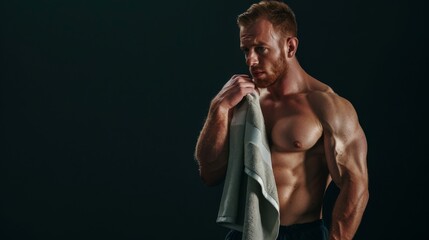 Wall Mural - A muscular person, post-workout, using a towel to wipe sweat, set against a dark background, emphasizing fitness, strength, and determination.