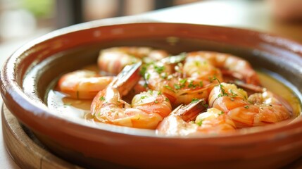 Wall Mural - A warm, inviting plate of shrimp cooked in a clay dish, garnished with fresh herbs, capturing the essence of a delectable seafood meal.