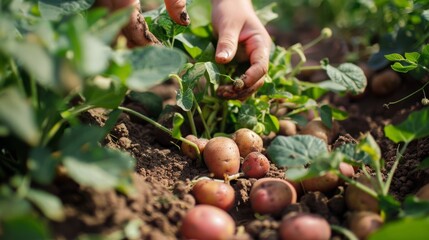 Wall Mural - Hands carefully harvest freshly grown potatoes from the rich soil, symbolizing hard work and connection to nature.