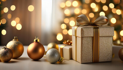 Wall Mural - Close up of gold wrapping paper Christmas gifts, balls on wooden table at home with warm bokeh light for luxury present background concept