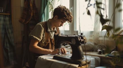 A young person intensely focused on sewing at a vintage sewing machine near a window, surrounded by crafting materials.