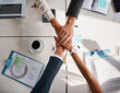 © StarDweller/peopleimages.com - Business people, hands together and meeting above with team in unity for corporate growth or mission at office. Top view, employees and piling with documents for collaboration or company association