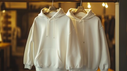 Two White Hoodies Hanging on a Rack