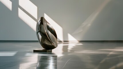 Canvas Print - A sleek, modern sculpture sits elegantly in a minimalist gallery space, bathed in soft, natural light from large windows casting geometric shadows.