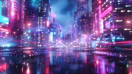 Abstract urban landscape with neon colors and bokeh effect, futuristic visuals