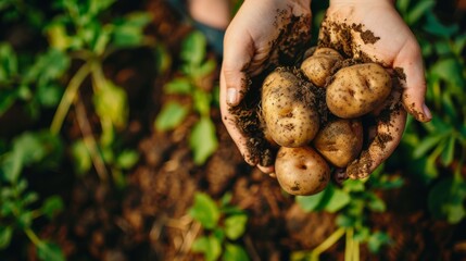 Canvas Print - Hands holding freshly harvested potatoes covered in soil, highlighting the connection to nature and farming.