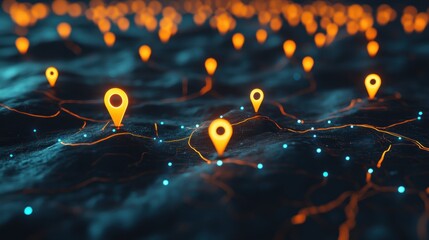 Glowing Location Pins on Digital Terrain