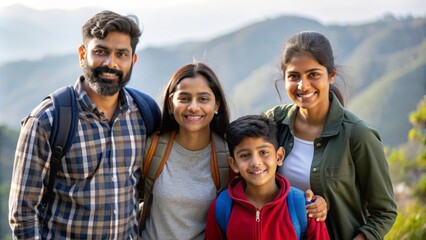 A group shot of an Indian family posing together on a beautiful hiking trail.
