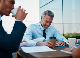 Poster - Businessman, meeting and documents with team for corporate infrastructure, planning or development. Happy man, employees or colleagues with paperwork for proposal or business discussion on balcony