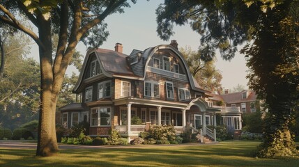 A picturesque two-story house with a gabled roof surrounded by lush greenery, trees, and a manicured lawn on a sunny day.