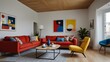 © Fa_art - A cheerful living room with a Scandinavian design, playful elements like a bright red sofa, a blue armchair, and a yellow coffee table. white walls, wooden floors, and colorful geometric artwork