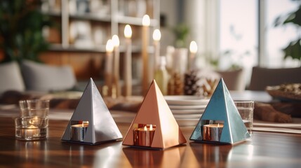 Sticker - Pyramid Tealight Holders On A Wooden Table