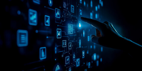 Hand touching a virtual screen with IT and technology icons on a dark background